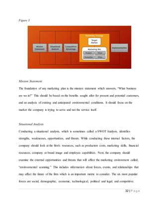 32 | P a g e
Figure 3
Mission Statement
The foundation of any marketing plan is the mission statement which answers, “What business
are we in?” This should be based on the benefits sought after for present and potential customers,
and an analysis of existing and anticipated environmental conditions. It should focus on the
market the company is trying to serve and not the service itself.
Situational Analysis
Conducting a situational analysis, which is sometimes called a SWOT Analysis, identifies
strengths, weaknesses, opportunities, and threats. While conducting these internal factors, the
company should look at the firm's resources, such as production costs, marketing skills, financial
resources, company or brand image and employee capabilities. Next, the company should
examine the external opportunities and threats that will affect the marketing environment called,
“environmental scanning.” This includes information about forces, events, and relationships that
may affect the future of the firm which is an important metric to consider. The six most popular
forces are social, demographic, economic, technological, political and legal, and competitive.
 