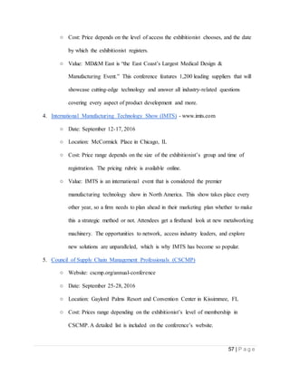 57 | P a g e
○ Cost: Price depends on the level of access the exhibitionist chooses, and the date
by which the exhibitionist registers.
○ Value: MD&M East is “the East Coast’s Largest Medical Design &
Manufacturing Event.” This conference features 1,200 leading suppliers that will
showcase cutting-edge technology and answer all industry-related questions
covering every aspect of product development and more.
4. International Manufacturing Technology Show (IMTS) - www.imts.com
○ Date: September 12-17, 2016
○ Location: McCormick Place in Chicago, IL
○ Cost: Price range depends on the size of the exhibitionist’s group and time of
registration. The pricing rubric is available online.
○ Value: IMTS is an international event that is considered the premier
manufacturing technology show in North America. This show takes place every
other year, so a firm needs to plan ahead in their marketing plan whether to make
this a strategic method or not. Attendees get a firsthand look at new metalworking
machinery. The opportunities to network, access industry leaders, and explore
new solutions are unparalleled, which is why IMTS has become so popular.
5. Council of Supply Chain Management Professionals (CSCMP)
○ Website: cscmp.org/annual-conference
○ Date: September 25-28, 2016
○ Location: Gaylord Palms Resort and Convention Center in Kissimmee, FL
○ Cost: Prices range depending on the exhibitionist’s level of membership in
CSCMP. A detailed list is included on the conference’s website.
 