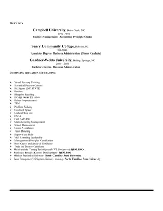 EDUCATION
Campbell University, Buies Creek, NC
1994 -1996
Business Management/ Accounting Principle Studies
Surry Community College,Dobson,NC
1998-2000
Associates Degree- Business Administration (Honor Graduate)
Gardner-Webb University, Boiling Springs, NC
2000 – 2003
Bachelors Degree- Business Administration
CONTINUING EDUCATION AND TRAINING
 Visual Factory Training
 Statistical Process Control
 Six Sigma (NC STATE)
 Kanban
 Blueprint Reading
 ISO/QS 9000 TS 16949
 Kaizen Improvement
 TPM
 Problem Solving
 Confined Space
 Lockout/Tag out
 OSHA
 First Aid/CPR
 Manufacturing Management
 Sexual Harassment
 Union Avoidance
 Team Building
 Supervision Skills
 Vital Learning Leadership 
 Management Principles Certification 
 Root Cause and Analysis Certificate 
 Train the Trainer Certificate 
 Multivariable Testing Techniques (MVT Processes)-QUALPRO
 Statistical Process Control Development- QUALPRO
 Minitab Statistical Software- North Carolina State University
 Lean Enterprise (5 S System, Kaizen) training- North Carolina State University
 