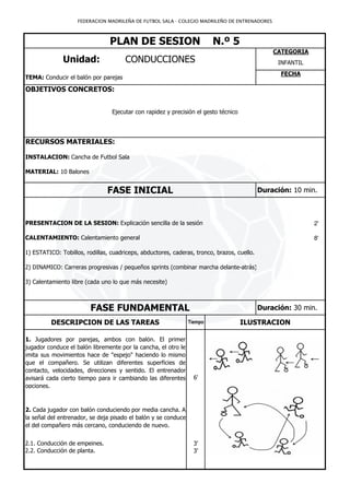 FEDERACION MADRILEÑA DE FUTBOL SALA - COLEGIO MADRILEÑO DE ENTRENADORES



                                PLAN DE SESION                           N.º 5
                                                                                                CATEGORIA
              Unidad:                 CONDUCCIONES                                               INFANTIL
                                                                                                  FECHA
TEMA: Conducir el balón por parejas

OBJETIVOS CONCRETOS:


                                 Ejecutar con rapidez y precisión el gesto técnico




RECURSOS MATERIALES:

INSTALACION: Cancha de Futbol Sala

MATERIAL: 10 Balones


                               FASE INICIAL                                                 Duración: 10 min.



PRESENTACION DE LA SESION: Explicación sencilla de la sesión                                                2'

CALENTAMIENTO: Calentamiento general                                                                        8'

1) ESTATICO: Tobillos, rodillas, cuadriceps, abductores, caderas, tronco, brazos, cuello.

2) DINAMICO: Carreras progresivas / pequeños sprints (combinar marcha delante-atrás)

3) Calentamiento libre (cada uno lo que más necesite)



                         FASE FUNDAMENTAL                                                   Duración: 30 min.

          DESCRIPCION DE LAS TAREAS                             Tiempo               ILUSTRACION

1. Jugadores por parejas, ambos con balón. El primer
jugador conduce el balón libremente por la cancha, el otro le
imita sus movimientos hace de "espejo" haciendo lo mismo
que el compañero. Se utilizan diferentes superficies de
contacto, velocidades, direcciones y sentido. El entrenador
avisará cada cierto tiempo para ir cambiando las diferentes       6'
opciones.



2. Cada jugador con balón conduciendo por media cancha. A
la señal del entrenador, se deja pisado el balón y se conduce
el del compañero más cercano, conduciendo de nuevo.


2.1. Conducción de empeines.                                      3'
2.2. Conducción de planta.                                        3'
 