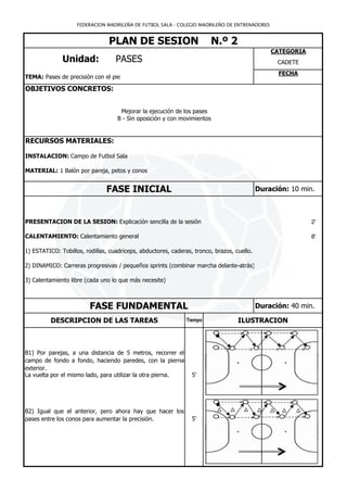 FEDERACION MADRILEÑA DE FUTBOL SALA - COLEGIO MADRILEÑO DE ENTRENADORES


                                PLAN DE SESION                          N.º 2
                                                                                                CATEGORIA
              Unidad:              PASES                                                          CADETE
                                                                                                  FECHA
TEMA: Pases de precisión con el pie

OBJETIVOS CONCRETOS:


                                     Mejorar la ejecución de los pases
                                    B - Sin oposición y con movimientos


RECURSOS MATERIALES:

INSTALACION: Campo de Futbol Sala

MATERIAL: 1 Balón por pareja, petos y conos


                               FASE INICIAL                                                 Duración: 10 min.



PRESENTACION DE LA SESION: Explicación sencilla de la sesión                                                2'

CALENTAMIENTO: Calentamiento general                                                                        8'

1) ESTATICO: Tobillos, rodillas, cuadriceps, abductores, caderas, tronco, brazos, cuello.

2) DINAMICO: Carreras progresivas / pequeños sprints (combinar marcha delante-atrás)

3) Calentamiento libre (cada uno lo que más necesite)



                         FASE FUNDAMENTAL                                                   Duración: 40 min.

          DESCRIPCION DE LAS TAREAS                            Tiempo              ILUSTRACION



B1) Por parejas, a una distancia de 5 metros, recorrer el
campo de fondo a fondo, haciendo paredes, con la pierna
exterior.
La vuelta por el mismo lado, para utilizar la otra pierna.       5'




B2) Igual que el anterior, pero ahora hay que hacer los
pases entre los conos para aumentar la precisión.                5'
 