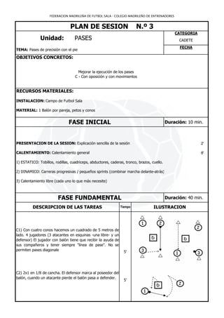 FEDERACION MADRILEÑA DE FUTBOL SALA - COLEGIO MADRILEÑO DE ENTRENADORES


                                PLAN DE SESION                            N.º 3
                                                                                                CATEGORIA
              Unidad:              PASES                                                          CADETE
                                                                                                  FECHA
TEMA: Pases de precisión con el pie

OBJETIVOS CONCRETOS:


                                     Mejorar la ejecución de los pases
                                   C - Con oposición y con movimientos


RECURSOS MATERIALES:

INSTALACION: Campo de Futbol Sala

MATERIAL: 1 Balón por pareja, petos y conos


                               FASE INICIAL                                                 Duración: 10 min.



PRESENTACION DE LA SESION: Explicación sencilla de la sesión                                                2'

CALENTAMIENTO: Calentamiento general                                                                        8'

1) ESTATICO: Tobillos, rodillas, cuadriceps, abductores, caderas, tronco, brazos, cuello.

2) DINAMICO: Carreras progresivas / pequeños sprints (combinar marcha delante-atrás)

3) Calentamiento libre (cada uno lo que más necesite)



                         FASE FUNDAMENTAL                                                   Duración: 40 min.

          DESCRIPCION DE LAS TAREAS                              Tiempo            ILUSTRACION



C1) Con cuatro conos hacemos un cuadrado de 5 metros        de
lado. 4 jugadores (3 atacantes en esquinas -una libre- y    un
defensor) El jugador con balón tiene que recibir la ayuda   de
sus compañeros y tener siempre "línea de pase". No          se
permiten pases diagonale                                           5'




C2) 2x1 en 1/8 de cancha. El defensor marca al poseedor del
balón, cuando un atacante pierde el balón pasa a defender.
                                                                   5'
 