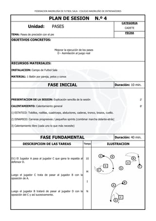 FEDERACION MADRILEÑA DE FUTBOL SALA - COLEGIO MADRILEÑO DE ENTRENADORES


                                PLAN DE SESION                            N.º 4
                                                                                                CATEGORIA
              Unidad:              PASES                                                          CADETE
                                                                                                  FECHA
TEMA: Pases de precisión con el pie

OBJETIVOS CONCRETOS:


                                      Mejorar la ejecución de los pases
                                        D - Asimilación al juego real


RECURSOS MATERIALES:

INSTALACION: Campo de Futbol Sala

MATERIAL: 1 Balón por pareja, petos y conos


                               FASE INICIAL                                                 Duración: 10 min.



PRESENTACION DE LA SESION: Explicación sencilla de la sesión                                                2'

CALENTAMIENTO: Calentamiento general                                                                        8'

1) ESTATICO: Tobillos, rodillas, cuadriceps, abductores, caderas, tronco, brazos, cuello.

2) DINAMICO: Carreras progresivas / pequeños sprints (combinar marcha delante-atrás)

3) Calentamiento libre (cada uno lo que más necesite)



                         FASE FUNDAMENTAL                                                   Duración: 40 min.

          DESCRIPCION DE LAS TAREAS                            Tiempo              ILUSTRACION



D1) El Jugador A pasa al jugador C que gana la espalda al       10
defensor D.


                                                                 M
Luego el jugador C trata de pasar al jugador B con la
oposición de A.
                                                                 I


Luego el jugador B tratará de pasar al jugador D con la          N
oposición del C y así sucesivamente.
 