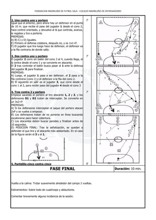 FEDERACION MADRILEÑA DE FUTBOL SALA - COLEGIO MADRILEÑO DE ENTRENADORES



2. Uno contra uno y portero                                      7'
Igual que el anterior, pero ahora hay un defensor en el punto
de 10 m. que recibe el pase del jugador 1 desde el cono 2,
hace control orientado, y devuelve al 1 que controla, avanza,
le regatea y tira a portería.
PREMISAS:
A) B) C) y D) Iguales.
E) Primero el defensa colabora, después no, y es 1x1+P.
F) El jugador que tira luego hace de defensor, el defensor va
a la fila contraria de donde salía.

3. Dos contra uno y portero                                      7'
El jugador 2 corre sin balón del cono 3 al 4, cuando llega, el
1 centra desde el cono 1 y se convierte en atacante.
El 2 tras controlar el balón busca pasar al 1 ante la defensa
del jugador X para finalizar.
PREMISAS:
A) Luego, el jugador 1 pasa a ser defensor, el 2 pasa a la
fila contraria (cono 1) y el defensor a la fila del cono 2.
B) El siguiente en salir es el jugador 3, que corre desde el
cono 1 al 2, para recibir pase del jugador 4 desde el cono 3

4. Tres contra 2 y portero                                       7'
Empieza sacando el portero al tiro atacante 1, 2 y 3, y los
defensores D1 y D2 tratan de interceptar. Se convierte en
un 3x2+P
PREMISAS:
A) Si los defensores interceptan el saque del portero atacan
2xP y se vuelve a empezar.
B) Los defensores tratan de no ponerse en línea buscando
escalonarse para hacer cobertura.
C) Los atacantes deben buscar paredes y finalizar antes de
10 segundos.
D) POSICION FINAL: Tras la señalización, se quedan a
defender el que tira y el atacante más adelantado. En el caso
de la figura serán el 3 y el 1.




5. Partidillo cinco contra cinco                                 9'

                                 FASE FINAL                                          Duración: 10 min.



Vuelta a la calma: Trotar suavemente alrededor del campo 2 vueltas.

Estiramientos: Sobre todo de cuadriceps y abductores.

Comentar brevemente alguna incidencia de la sesión.
 