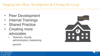 Tapping into More Touchpoints & Closing the Loop
• Peer Development
• Internal Trainings
• Shared Practice
• Creating more
advocates
• Teachers, faculty,
administrators, leadership,
parents
Mindful School
 