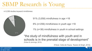 91% (3,058) mindfulness in age >18
8% (n=256) mindfulness in youth age <18
1% (n=36) mindfulness in youth in school settings
n=3,350 studies keyword mindfulness
SBMP Research is Young
(Felver, Celis-de Hoyos, Tezano & Singh, 2015)
“the study of mindfulness with youth and in
schools is in the prenatal stage of development”
(Felver & Jennings, 2015).
 