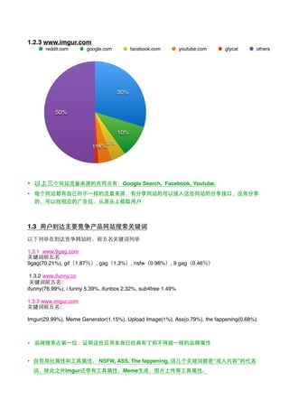 1.2.3 www.imgur.com
• 以上三个⺴⽹网站流量来源的共同点有：Google Search, Facebook, Youtube.
• 每个⺴⽹网站都有⾃自⼰己所不⼀一样的流量来源，有分享⺴⽹网站的可以接⼊入这些⺴⽹网站的分享接⼝口，没有分享
的，可以找相应的⼲⼴广告位，从源头上截取⽤用户
1.3 ⽤用户到达主要竞争产品⺴⽹网站搜索关键词
以下列举在到达竞争⺴⽹网站时，前五名关键词列举
1.3.1 www.9gag.com
关键词前五名
9gag(70.21%), gif（1.87％）, gag（1.3%）, nsfw（0.96%）, 9 gag（0.46％）
1.3.2 www.ifunny.co
关键词前五名：
ifunny(76.99%), i funny 5.39%, ifunbox 2.32%, sub4free 1.49%
1.3.3 www.imgur.com
关键词前五名：
Imgur(29.99%), Meme Generator(1.15%), Upload Image(1%), Ass(o.79%), the fappening(0.68%)
• 品牌搜索占第⼀一位，证明这些应⽤用本⾝身已经具有了和不得姐⼀一样的品牌属性
• ⾃自带屌丝属性和⼯工具属性， NSFW, ASS, The fappening, 这⼏几个关键词都是“成⼈人内容”的代名
词，除此之外Imgur还带有⼯工具属性，Meme⽣生成，图⽚片上传等⼯工具属性。
50%
1%4%
5%
10%
30%
reddit.com google.com facebook.com youtube.com gfycat others
 