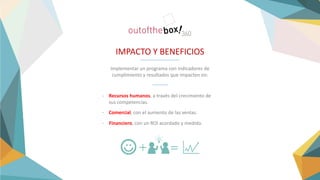 IMPACTO Y BENEFICIOS
Implementar un programa con indicadores de
cumplimiento y resultados que impacten en:
Recursos humanos, a través del crecimiento de
sus competencias.
Comercial, con el aumento de las ventas.
Financiero, con un ROI acordado y medido.
-
-
-
 