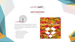 QUÉ HACEMOS
Preparamos a las personas para las nuevas
conversaciones y a la organización para una
gestión productiva y sustentable, a través de
programas de:
-
Gestión por Compromisos.
Equipos de Alto Rendimiento.
Liderazgo Colaborativo.
Gestión del Cambio.
Gestión del Clima.
Coaching Ejecutivo.
-
-
-
-
-
-
 