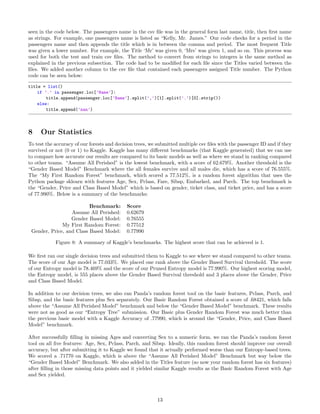 seen in the code below. The passengers name in the csv ﬁle was in the general form last name, title, then ﬁrst name
as strings. For example, one passengers name is listed as “Kelly, Mr. James.” Our code checks for a period in the
passengers name and then appends the title which is in between the comma and period. The most frequent Title
was given a lower number. For example, the Title ‘Mr’ was given 0, ‘Mrs’ was given 1, and so on. This process was
used for both the test and train csv ﬁles. The method to convert from strings to integers is the same method as
explained in the previous subsection. The code had to be modiﬁed for each ﬁle since the Titles varied between the
ﬁles. We added another column to the csv ﬁle that contained each passengers assigned Title number. The Python
code can be seen below:
title = list()
if ’.’ in passenger.loc[’Name’]:
title.append(passenger.loc[’Name’].split(’,’)[1].split(’.’)[0].strip())
else:
title.append(’nan’)
8 Our Statistics
To test the accuracy of our forests and decision trees, we submitted multiple csv ﬁles with the passenger ID and if they
survived or not (0 or 1) to Kaggle. Kaggle has many diﬀerent benchmarks (that Kaggle generated) that we can use
to compare how accurate our results are compared to its basic models as well as where we stand in ranking compared
to other teams. “Assume All Perished” is the lowest benchmark, with a score of 62.679%. Another threshold is the
“Gender Based Model” Benchmark where the all females survive and all males die, which has a score of 76.555%.
The “My First Random Forest” benchmark, which scored a 77.512%, is a random forest algorithm that uses the
Python package sklearn with features Age, Sex, Pclass, Fare, Sibsp, Embarked, and Parch. The top benchmark is
the “Gender, Price and Class Based Model” which is based on gender, ticket class, and ticket price, and has a score
of 77.990%. Below is a summary of the benchmarks:
Benchmark: Score
Assume All Perished: 0.62679
Gender Based Model: 0.76555
My First Random Forest: 0.77512
Gender, Price, and Class Based Model: 0.77990
Figure 8: A summary of Kaggle’s benchmarks. The highest score that can be achieved is 1.
We ﬁrst ran our single decision trees and submitted them to Kaggle to see where we stand compared to other teams.
The score of our Age model is 77.033%. We placed one rank above the Gender Based Survival threshold. The score
of our Entropy model is 78.469% and the score of our Pruned Entropy model is 77.990%. Our highest scoring model,
the Entropy model, is 555 places above the Gender Based Survival threshold and 3 places above the Gender, Price
and Class Based Model.
In addition to our decision trees, we also ran Panda’s random forest tool on the basic features, Pclass, Parch, and
Sibsp, and the basic features plus Sex separately. Our Basic Random Forest obtained a score of .68421, which falls
above the “Assume All Perished Model” benchmark and below the “Gender Based Model” benchmark. These results
were not as good as our “Entropy Tree” submission. Our Basic plus Gender Random Forest was much better than
the previous basic model with a Kaggle Accuracy of .77990, which is around the “Gender, Price, and Class Based
Model” benchmark.
After successfully ﬁlling in missing Ages and converting Sex to a numeric form, we ran the Panda’s random forest
tool on all ﬁve features: Age, Sex, Pclass, Parch, and Sibsp. Ideally, this random forest should improve our overall
accuracy, but after submitting it to Kaggle we found that it actually performed worse than our Entropy-based trees.
We scored a .71770 on Kaggle, which is above the “Assume All Perished Model” Benchmark but way below the
“Gender Based Model” Benchmark. We also added in the Titles feature (so now your random forest has six features)
after ﬁlling in those missing data points and it yielded similar Kaggle results as the Basic Random Forest with Age
and Sex yielded.
13
 