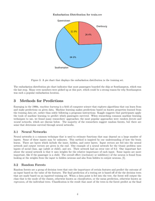 Embarkation Distribution for train.csv
Figure 3: A pie chart that displays the embarkation distribution in the training set.
The embarkation distribution pie chart indicates that most passengers boarded the ship at Southampton, which was
the last stop. Many crew members were picked up at this port, which could be a strong reason for why Southampton
was such a popular embarkation location.
3 Methods for Predictions
Emerging in the 1990s, machine learning is a ﬁeld of computer science that explores algorithms that can learn from
and make predictions on given data. Machine learning makes predictions based on known properties learned from
the training data set, rather than solely following a programs instructions. Kaggle suggests that participants apply
the tools of machine learning to predict which passengers survived. When researching common machine learning
techniques to use, we found many researchers’ approaches; the most popular approaches were random forests and
neural networks, which are discuss below. The majority of the researchers suggest random forests, but there are
some that determine survival through neural networks.
3.1 Neural Networks
Neural networks is a common technique that is used to estimate functions that may depend on a large number of
inputs. Some of these inputs may be unknown. This method is inspired by our understanding of how the brain
learns. There are layers which include the inner, hidden, and outer layers. Input vectors are fed into the neural
network and output vectors are given in the end. One example of a neural network for the titanic problem uses
inputs of social class, age (adult or child), and sex. Their network had an error rate of 0.2. One important fact
about the neural network is that it uses weights for the relative importance of each input. Some inputs are more
important, like if the passenger is a child. The overall eﬀect (excitatory or inhibitory) of the neuron is found from
looking at the weights from the input to hidden neurons and also from hidden to output neurons, [5].
3.2 Random Forests
Random forests are a group of decision trees that rate the importance of certain features and predict the outcome of
an input based on the value of the features. The ﬁnal prediction of a testing set is based oﬀ of the the decision trees
that are made based on an inputted training set. When a data point is fed into the tree, the forest will output the
class that is the mode of the classes, otherwise known as classiﬁcation, or the mean prediction, otherwise known as
regression, of the individual trees. Classiﬁcation is the result that most of the trees in the forest predict as the ﬁnal
4
 