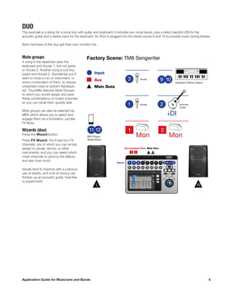 Application Guide for Musicians and Bands	 5
Mute groups
A song in the repertoire uses the
keyboard and Vocals 1, but not guitar
or Vocals 2. Another song is just key-
board and Vocals 2. Sometimes you’ll
want to mute a mic or instrument, or
some combination of them, to reduce
unwanted noise or prevent feedback.
etc. TouchMix features Mute Groups,
to which you would assign and save
these combinations of muted channels
so you can recall them quickly later
Mute groups can also be selected via
MIDI, which allows you to select and
engage them via a footswitch, just like
FX Mute.
Wizards (duo)
Press the Wizard button.
Press FX Wizard. You’ll see four FX
channels, any of which you can simply
assign to vocals, drums, or other
instruments, and you can select which
mixer channels to send to the effects,
and also how much.
Vocals tend to improve with a judicious
use of reverb, and a bit of chorus can
thicken up an acoustic guitar. Feel free
to experiment!
Vocals Acoustic
Guitar
Factory Scene: TM8 Songwriter
DI
Input
Main Outs
Aux
Mon
1
Keyboard Stereo Output
Mon
2
Vocals
Inputs
Aux (monitor) Outs Main Outs
1 L R
L RR
MP3 Player
Break Music
2
DUO
This example is a setup for a vocal duo with guitar and keyboard. It includes two vocal inputs, plus a direct injection (DI) for the
acoustic guitar and a stereo input for the keyboard. An iPod is plugged into the stereo inputs 9 and 10 to provide music during breaks.
Both members of the duo get their own monitor mix.
 