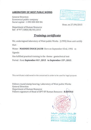 internship certificate (Laboratory of west public works).(translated to English)