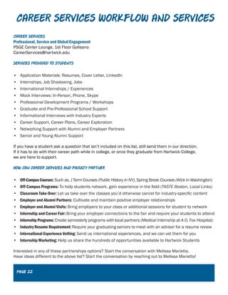 Career Services workflow and services
Career Services
Professional, Service and Global Engagement
PSGE Center Lounge, 1st Floor Golisano
CareerServices@hartwick.edu
Services provided to students
•	 Application Materials: Resumes, Cover Letter, LinkedIn
•	 Internships, Job Shadowing, Jobs
•	 International Internships / Experiences
•	 Mock Interviews: In-Person, Phone, Skype
•	 Professional Development Programs / Workshops
•	 Graduate and Pre-Professional School Support
•	 Informational Interviews with Industry Experts
•	 Career Support, Career Plans, Career Exploration
•	 Networking Support with Alumni and Employer Partners
•	 Senior and Young Alumni Support
If you have a student ask a question that isn’t included on this list, still send them in our direction.
If it has to do with their career path while in college, or once they graduate from Hartwick College,
we are here to support.
How can Career Services and Faculty Partner
•	 Off-CampusCourses: Such as, J Term Courses (Public History in NY), Spring Break Courses (Wick in Washington)
•	 Off-Campus Programs: To help students network, gain experience in the field (TASTE Boston, Local Links)
•	 Classroom Take-Over: Let us take over the classes you’d otherwise cancel for industry-specific content
•	 Employer and Alumni Partners: Cultivate and maintain positive employer relationships
•	 Employer and Alumni Visits: Bring employers to your class or additional sessions for student to network
•	 Internship and Career Fair: Bring your employer connections to the fair and require your students to attend
•	 InternshipPrograms:Create semesterly programs with local partners (Medical Internship at A.O. Fox Hospital).
•	 Industry Resume Requirement: Require your graduating seniors to meet with an advisor for a resume review
•	 International Experience Vetting: Send us international experiences, and we can vet them for you
•	 Internship Marketing: Help us share the hundreds of opportunities available to Hartwick Students
Interested in any of these partnerships options? Start the conversation with Melissa Marietta.
Have ideas different to the above list? Start the conversation by reaching out to Melissa Marietta!
Page 22
 