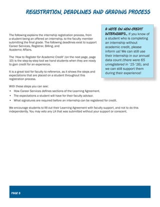 Registration, Deadlines and Grading Process
The following explains the internship registration process, from
a student being an offered an internship, to the faculty member
submitting the final grade. The following deadlines exist to support
Career Services, Registrar, Billing, and
Academic Affairs.
The ‘How to Register for Academic Credit’ (on the next page, page
10) is the step-by-step tool we hand students when they are ready
to gain credit for an experience.
It is a great tool for faculty to reference, as it shows the steps and
expectations that are placed on a student throughout this
registration process.
With these steps you can see:
•	 How Career Services defines sections of the Learning Agreement.
•	 The expectations a student will have for their faculty advisor.
•	 What signatures are required before an internship can be registered for credit.
We encourage students to fill out their Learning Agreement with faculty support, and not to do this
independently. You may veto any LA that was submitted without your support or conscent.
A note on Non-Credit
Internships... If you know of
a student who is completing
an internship without
academic credit, please
inform us! We can still use
their internship in our annual
data count (there were 65
unregistered in ‘15-’16), and
we can still support them
during their experience!
Page 8
 