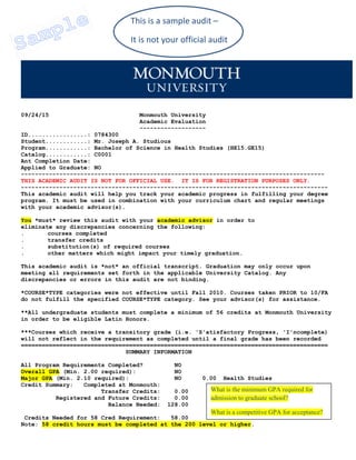 09/24/15 Monmouth University
Academic Evaluation
-------------------
ID.................: 0784300
Student............: Mr. Joseph A. Studious
Program............: Bachelor of Science in Health Studies (HE15.GE15)
Catalog............: C0001
Ant Completion Date:
Applied to Graduate: NO
---------------------------------------------------------------------------------------
THIS ACADEMIC AUDIT IS NOT FOR OFFICIAL USE. IT IS FOR REGISTRATION PURPOSES ONLY.
----------------------------------------------------------------------------------------
This academic audit will help you track your academic progress in fulfilling your degree
program. It must be used in combination with your curriculum chart and regular meetings
with your academic advisor(s).
You *must* review this audit with your academic advisor in order to
eliminate any discrepancies concerning the following:
. courses completed
. transfer credits
. substitution(s) of required courses
. other matters which might impact your timely graduation.
This academic audit is *not* an official transcript. Graduation may only occur upon
meeting all requirements set forth in the applicable University Catalog. Any
discrepancies or errors in this audit are not binding.
*COURSE*TYPE categories were not effective until Fall 2010. Courses taken PRIOR to 10/FA
do not fulfill the specified COURSE*TYPE category. See your advisor(s) for assistance.
**All undergraduate students must complete a minimum of 56 credits at Monmouth University
in order to be eligible Latin Honors.
***Courses which receive a transitory grade (i.e. 'S'atisfactory Progress, 'I'ncomplete)
will not reflect in the requirement as completed until a final grade has been recorded
========================================================================================
SUMMARY INFORMATION
All Program Requirements Completed? NO
Overall GPA (Min. 2.00 required): NO
Major GPA (Min. 2.10 required): NO 0.00 Health Studies
Credit Summary: Completed at Monmouth:
Transfer Credits: 0.00
Registered and Future Credits: 0.00
Balance Needed: 128.00
Credits Needed for 58 Cred Requirement: 58.00
Note: 58 credit hours must be completed at the 200 level or higher.
This is a sample audit –
It is not your official audit
What is the minimum GPA required for
admission to graduate school?
What is a competitive GPA for acceptance?
 