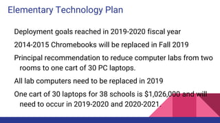 Elementary Technology Plan
Deployment goals reached in 2019-2020 fiscal year
2014-2015 Chromebooks will be replaced in Fall 2019
Principal recommendation to reduce computer labs from two
rooms to one cart of 30 PC laptops.
All lab computers need to be replaced in 2019
One cart of 30 laptops for 38 schools is $1,026,000 and will
need to occur in 2019-2020 and 2020-2021.
 