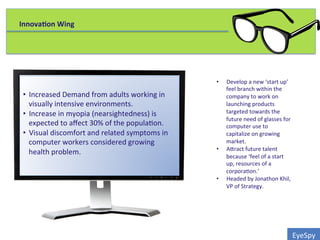 Innova0on	
  Wing	
  
EyeSpy	
  
•  Increased	
  Demand	
  from	
  adults	
  working	
  in	
  
visually	
  intensive	
  environments.	
  	
  
•  Increase	
  in	
  myopia	
  (nearsightedness)	
  is	
  
expected	
  to	
  aﬀect	
  30%	
  of	
  the	
  popula0on.	
  
•  Visual	
  discomfort	
  and	
  related	
  symptoms	
  in	
  
computer	
  workers	
  considered	
  growing	
  
health	
  problem.	
  	
  	
  
•  Develop	
  a	
  new	
  ‘start	
  up’	
  
feel	
  branch	
  within	
  the	
  
company	
  to	
  work	
  on	
  
launching	
  products	
  
targeted	
  towards	
  the	
  
future	
  need	
  of	
  glasses	
  for	
  
computer	
  use	
  to	
  
capitalize	
  on	
  growing	
  
market.	
  	
  
•  A+ract	
  future	
  talent	
  
because	
  ‘feel	
  of	
  a	
  start	
  
up,	
  resources	
  of	
  a	
  
corpora0on.’	
  
•  Headed	
  by	
  Jonathon	
  Khil,	
  
VP	
  of	
  Strategy.	
  
 