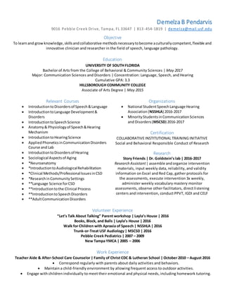 Demelza B Pendarvis
9016 Pebble Creek Drive, Tampa, FL 33647 | 813-454-1819 | demelza@mail.usf.edu
Objective
To learnand growknowledge,skillsandcollaborative methodsnecessarytobecome aculturallycompetent,flexible and
innovative clinician and researcher in the field of speech, language pathology.
Education
UNIVERSITY OF SOUTH FLORIDA
Bachelor of Arts from the College of Behavioral & Community Sciences | May 2017
Major: Communication Sciences and Disorders | Concentration: Language, Speech, and Hearing
Cumulative GPA: 3.3
HILLSBOROUGH COMMUNITY COLLEGE
Associate of Arts Degree | May 2015
Volunteer Experience
“Let’s Talk About Talking” Parent workshop | Layla’s House | 2016
Books, Block, and Balls | Layla’s House | 2016
Walk for Children with Apraxia of Speech | NSSHLA | 2016
Trunk-or-Treat USF Audiology | MSCSD | 2016
Pebble Creek Pediatrics | 2007 – 2009
New Tampa YMCA | 2005 – 2006
Work Experience
Teacher Aide & After-School Care Counselor | Family of Christ CDC & Lutheran School | October 2010 – August 2016
 Correspond regularly with parents about daily activities and behaviors.
 Maintain a child-friendly environment by allowing frequent access to outdoor activities.
 Engage with children individually to meet their emotional and physical needs, including homework tutoring.
Relevant Courses
 IntroductiontoDisordersof Speech&Language
 IntroductiontoLanguage Development&
Disorders
 IntroductiontoSpeechScience
 Anatomy& Physiologyof Speech&Hearing
Mechanism
 IntroductiontoHearingScience
 AppliedPhoneticsin CommunicationDisorders
Course and Lab
 IntroductiontoDisordersof Hearing
 Sociological Aspectsof Aging
 *Neuroanatomy
 *IntroductiontoAudiologicalRehabilitation
 *Clinical Methods/ProfessionalIssuesinCSD
 *ResearchinCommunitySettings
 **Language Science forCSD
 **Introductiontothe Clinical Process
 **IntroductiontoSpeechDisorders
 **AdultCommunicationDisorders
Organizations
 National StudentSpeechLanguage Hearing
Association(NSSHLA) 2016-2017
 MinorityStudentsinCommunicationSciences
and Disorders(MSCSD) 2016-2017
Certification
COLLABORATIVE INSTITUTIONAL TRAINING INITIATIVE
Social and Behavioral Responsible Conduct of Research
Research
Story Friends | Dr. Goldstein’s lab | 2016-2017
Research Assistant | assemble andorganize intervention
materials, input weekly data, reliability, and validity
information on Excel and Red Cap, gather protocols for
the assessments, execute intervention 3x weekly,
administer weekly vocabulary mastery monitor
assessments, observe other facilitators, direct listening
centers and intervention, conduct PPVT, IGDI and CELF
 