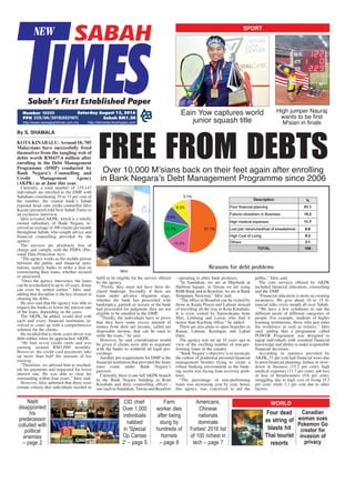 Number
PPH
C M Y K
Saturday August 13, 2016
http://www.newsabahtimes.com.my
Sabah RM1.20
http://ebrowse.bluehyppo.com
223/04/2013(032167)
16533
SPORT
Eain Yow captures world
junior squash title
High jumper Nauraj
wants to be first
M'sian in finals
=E
@EI=FFEJA@
DEI
FHA@A?AIIH
?K@A@ MEJD
FEJE?=
AAEAI
– F=CA
+1, ?DEAB
LAH 
E@ELE@K=I
=A@
E '5FA?E=
F +=J=I
' – F=CA #
.=H
MHAH @EAI
=BJAH AEC
IJKC O
DK@HA@I B
DHAJI
– F=CA 
)AHE?=I
+DEAIA
=JE=I
@E=JA
.HAI' $ EIJ
B  HE?DAIJ E
JA?D – F=CA %
WORLD
Four dead
as string of
blasts hit
Thai tourist
resorts
Canadian
woman sues
Pokemon Go
creator for
invasion of
privacy
.4-- .4 ,-*65
By S. SHAMALA
KOTA KINABALU: Around 10, 705
Malaysians have successfully freed
themselves from the tangling web of
debts worth RM437.4 million after
enrolling in the Debt Management
Programme (DMP) conducted by
Bank Negara’s Counselling and
Credit Management Agency
(AKPK) as at June this year.
Currently, a total number of 155,147
individuals are enrolled in the DMP with
Sabahans constituting 10 to 15 per cent of
the number, the central bank’s Sabah
regional head cum credit counsellor Idris
Kasim (pictured) told New Sabah Times in
an exclusive interview.
Idris revealed AKPK, which is a wholly
owned subsidiary of Bank Negara, re-
ceived an average of 300 clients per month
throughout Sabah, who sought advice and
financial counselling provided by the
agency.
The services are absolutely free of
charge and comply with the PDPA (Per-
sonal Data Protection Act).
“The agency works as the middle person
between the public and financial insti-
tutions, namely banks to strike a deal on
restructuring their loans, whether secured
or unsecured.
“Once the agency intervenes, the loans
can be rescheduled to up to 10 years. Some
can even be settled earlier,” Idris said,
adding that discipline is the key element in
clearing the debts.
He also said that the agency was able to
request the banks to lower the interest rate
of the loans, depending on the cases.
The AKPK, he added, would deal with
each and every financial institution in-
volved to come up with a comprehensive
solution for the clients.
He recalled that a client, a taxi driver was
debt-ridden when he approached AKPK.
“He had seven credit cards and was
earning around RM3,000 monthly.
However, the credit card payments take
up more than half the amount of his
earning.
“Therefore, we advised him to resched-
ule his payments and requested for lower
interest rate. He was able to clear his
outstanding within four years,” Idris said.
However, Idris admitted that there were
certain criteria that individuals needed to
fulfil to be eligible for the service offered
by the agency.
“Firstly, they must not have been de-
clared bankrupt. Secondly, if there are
loans under advance litigation stage,
whether the bank has proceeded with
bankruptcy, garnish or seizure or the bank
had proceeded for judgment, they are not
eligible to be enrolled in the DMP.
“Thirdly, the individuals have to prove
that they have some excess amount of
money from their net income, called net
disposable income, that can be used to
settle the loans,” he said.
However, he said consideration would
be given if clients were able to negotiate
with the banks to withhold all legal pro-
ceedings.
Another pre-requirement for DMP is the
financial institution that provided the loans
must come under Bank Negara’s
purview.
Currently, there is one full AKPK branch
in the Bank Negara building in Kota
Kinabalu and three counselling offices -
one each in Sandakan, Tawau and Beaufort
- operating in other bank premises.
“In Sandakan, we are at Maybank at
Harbour Square, in Tawau we are using
RHB Bank and in Beaufort, we are at Bank
Simpanan Nasional,” Idris said.
“The office in Beaufort can be visited by
those in Kuala Penyu and Labuan instead
of travelling all the way to Kota Kinabalu.
It is even visited by Sarawakians from
Miri, Limbang and Lawas who find it
nearer than Kuching office,” he added.
There are also plans to open branches in
Ranau, Labuan, Keningau and Lahad
Datu.
The agency was set up 10 years ago in
view of the swelling number of non-per-
forming loans in the country.
“Bank Negara’s objective is to inculcate
the culture of prudential personal financial
management besides trying to create a
robust banking environment as the bank-
ing sector was facing loan recovery prob-
lems.
“The percentage of non-performing
loans was increasing year by year, hence
this agency was conceived to aid the
public,” Idris said.
The core services offered by AKPK
included financial education, counselling
and the DMP.
“Financial education is more on creating
awareness. We give about 10 to 15 fi-
nancial talks every month all over Sabah.
“We have a few syllabuses to suit the
different needs of different categories of
people. For example, students of higher
learning institutions, those who just enter
the workforce as well as retirees,” Idris
said, adding that a programme called
POWER Programme was designed to
equip individuals with essential financial
knowledge and ability to make responsible
financial decisions.
According to statistics provided by
AKPK, 51 per cent had financial woes due
to poor financial planning; failure or slow-
down in business (15.2 per cent); high
medical expenses (11.7 per cent); job loss
or loss of breadwinners (9.6 per cent);
struggling due to high cost of living (9.3
per cent) while 3.1 per cent due to other
factors.
Over 10,000 M’sians back on their feet again after enrolling
in Bank Negara’s Debt Management Programme since 2006
Idris
Reasons for debt problems
 