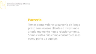 Parceria
Temos como valores a parceria de longo
prazo com nossos clientes e investimos
a todo momento nesse relacionamento.
Somos vistos não como consultores mas
como parte da equipe.
Competência faz a diferença
Por que escolher a Ipês?
 