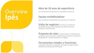 Overview
Ipês
Mais de 10 anos de experiência
em consultoria empresarial em grandes empresas
Equipe multidisciplinar
que construiu inicialmente sua carreira na indústria
Visão de negócios com foco na melhoria
da gestão empresarial apoiada no tripé Processos,
Pessoas e Ferramentas
Proposta de valor é desenvolver e implementar
soluções que funcionem e efetivamente elevem o patamar
de gestão do cliente deixando um legado
Ferramentas simples e funcionais
complementando o serviço de consultoria e garantindo
aderência ao processo otimizado
 