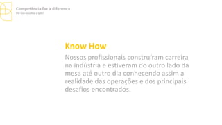 Know How
Nossos profissionais construíram carreira
na indústria e estiveram do outro lado da
mesa até outro dia conhecendo assim a
realidade das operações e dos principais
desafios encontrados.
Competência faz a diferença
Por que escolher a Ipês?
 