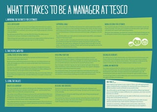WHAT IT TAKES TO BE A MANAGER AT TESCO
EXCELLENT DELIVERY
You know your stuff and share your knowledge and enthusiasm to support,
develop and maintain high standards in all the areas you touch. Because no
one tries harder for customers, you come up with simple pragmatic solutions
to any problem.
By looking outside of Tesco, you identify fresh ideas, this allows you to
innovate and use your creativity to make things better.
When things don’t go to plan, you use this as an opportunity to find out how to
improve what we do and quickly take steps to fix the situation.
SUPPORTING CHANGE
You share your ideas to develop and improve the existing operating model to
make sure it captures our best and latest thinking; this means we have strong
and simple essential processes that reflect business needs. You role model the
use and development of these processes and encourage colleagues to do the
same.
You identify where our scale and size can be used to best effect, and adapted
simply to meet local needs.
You are able to work in changing environments and you use your energy
and resilience to keep the momentum going, focusing on what you’re here
to achieve. You look out for colleagues to support them to be able to do the
same, contributing to a feeling of team spirit and working together across the
business to achieve shared success.
MAKING DECISIONS FOR CUSTOMERS
You’re passionate about finding out what matters to customers so you can
respond quickly. This gives you confidence to decide what’s right and take
calculated risks where it will make things better.
Whatever the challenge, you keep the customer at the heart of what you do,
by taking the initiative and using your experience and values to guide you.
1. IMPROVING THE BUSINESS FOR CUSTOMERS
LEADING OTHERS BY BEING YOURSELF
You inspire others because you lead by example and demonstrate your
Values in simple day to day actions.
By being brave and letting people know when you see things that are not
right; you engage your teams to create simple habits that contribute to a
good team spirit.
You take the initiative and support your manager to implement business
decisions and goals, you also clearly articulate plans to allow colleagues to
see how they too can be part of the success of the team.
By recognising successes large and small every day, you encourage others to
do the same and celebrate too. A simple thank you is enough to renew and
recharge.
DEVELOPING YOUR TEAM
By listening to your colleagues to understand what matters to them
and sharing feedback to support, challenge and celebrate success, you
contribute to an environment where people can achieve their potential. You
are constantly looking to raise the bar for yourself and your team.
Your managers and team see you as a ‘go to’ person who gets things done
with consistency, a sense of fairness and inclusivity. You support colleagues
to find ways to get things done more easily.
You clearly and simply communicate objectives and measures of success,
and regularly review these with your team to keep everyone on track. You are
not afraid to constructively challenge and tackle under performance.
BUILDING RELATIONSHIPS
By making time to build relationships, you reach out across the business and
have a network of colleagues who you can call on to support you to deliver
and find new ways to improve what matters. This helps you understand the
impact of what you do and work collaboratively to deliver results.
LEARNING AND INNOVATION
You enjoy looking out for the chance to try new ideas, use fresh thinking or
to learn something new. You ask for feedback and update your personal
development plan often to keep it relevant and meaningful to you. By
reviewing your goals you keep on track and look for opportunities to grow.
You encourage others to think differently and create an environment where
thoughts and ideas are welcomed.
2. TAKE PEOPLE WITH YOU
3. LIVING THE VALUES
VALUES LED LEADERSHIP
You role-model the Tesco values in all that you do. Colleagues see you being
yourself and sharing your passions and enthusiasms - you bring the Tesco
values to life in an authentic and personal way.
The values mean different things to everyone, but we know that at their core
they mean treating others as you’d like to be treated, demonstrating respect
for different views and different people and in return feeling that your
contribution, and that of your team, really does matter.
You understand that the way you manage people impacts those around you
and that by living the values you create a great place to work for colleagues,
customers and communities.
RESILIENCE AND CONFIDENCE
You know the importance of sharing your feelings with colleagues and
friends to maintain your balance and energy. You look out for ways to share a
smile everyday.
Colleagues see you doing the right thing, both when things are going well
and when they are tough.
You look for the chance to use your passion and enthusiasm to get involved
in things that you enjoy. You know when things are taking your energy, and
make changes to keep a healthy perspective.
AND FINALLY….
If you aspire to go further in your career at Tesco, you will need a proven
legacy combined with a reputation for working with your colleagues to
deliver excellent results and build strong relationships.
You will be able to see the bigger picture and will be willing to go beyond
your accountability to make a difference for customers, your team and the
business as a whole.
You will know yourself well so you are able to effectively communicate, get
things done and build for the future.
Finally remember that the success and growth of Tesco relies on your
delivery and that of your team and the colleagues around you.
So listen to customers, colleagues and communities, take time to
understand people, deliver your plans and enjoy success together!
 