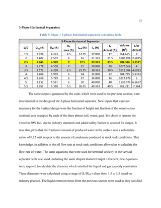 21
3-Phase Horizontal Separator:
Table 5. Stage 1 3-phase horizontal separator screening table
The same outputs, generated by the code, which were used in the previous section, were
instrumental in the design of the 3-phase horizontal separator. New inputs that were not
necessary for the vertical design were the fraction of height and fraction of the vessels cross
sectional area occupied by each of the three phases (oil, water, gas). We chose to operate the
vessel at 50% full, due to industry standards and added safety factors to account for surges. It
was also given that the fractional amount of produced water at the surface was a volumetric
ration of 0.32 with respect to the amount of condensate produced at stock tank conditions. This
knowledge, in addition to the oil flow rate at stock tank conditions allowed us to calculate the
flow rate of water. The same equations that were used for terminal velocity in the vertical
separator were also used, including the same droplet diameter target. However, new equations
were required to calculate the diameter which satisfied the liquid and gas capacity constraints.
These diameters were calculated using a range of (L/D)eff values from 1.5 to 5.5 based on
industry practice. The liquid retention times from the previous section were used as they satisfied
 