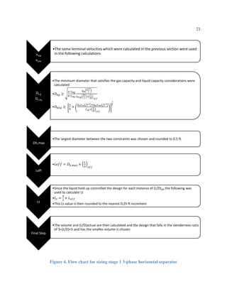 23
Figure 4. Flow chart for sizing stage 1 3-phase horizontal separator
vtog
vtow
•The same terminal velocities which were calculated in the previous section were used
in the following calculations
Dh,g
Dh,liq
•The minimum diamater that satisfies the gas capacity and liquid capacity considerations were
calculated
•𝐷ℎ𝑔 ≥
4
𝜋
𝑓 𝐻𝑔
𝑓 𝐴𝑔
𝑞 𝑔
𝑓𝑡3
𝑠
𝑣 𝑡𝑜𝑔
𝑓𝑡
𝑠
×
𝐿
𝐷 𝑒𝑓𝑓
•𝐷ℎ𝑙𝑖𝑞 ≥
4
𝜋
×
𝑞 𝑜 𝑡 𝑟𝑜 𝑓𝑡3 +𝑞 𝑤 𝑡 𝑟𝑤 𝑓𝑡3
𝑓 𝐴𝑙×
𝐿
𝐷 𝑒𝑓𝑓
1
3
Dh,max
•The largest diameter between the two constraints was chosen and rounded to 0.5 ft.
Leff
•𝐿𝑒𝑓𝑓 = 𝐷ℎ,𝑚𝑎𝑥 ×
𝐿
𝐷 𝑒𝑓𝑓
Lt
•Since the liquid hold up controlled the design for each instance of (L/D)eff the following was
used to calculate Lt
•𝐿 𝑡 =
4
3
× 𝐿 𝑒𝑓𝑓
•This Lt value is then rounded to the nearest 0.25 ft increment
Final Step
•The volume and (L/D)actual are then calculated and the design that falls in the slenderness ratio
of 3<(L/D)<5 and has the smalles volume is chosen
 