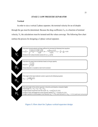 25
STAGE 2- LOW PRESSURE SEPARATOR
Vertical
In order to size a vertical 2-phase separator, the terminal velocity for an oil droplet
through the gas must be determined. Because the drag coefficient, CD, is a function of terminal
velocity, Vt, the calculations must be iterated until the values converge. The following flow chart
outlines the process for designing a 2-phase vertical separator.
Figure 5. Flow chart for 2-phase vertical separator design
Vt
•Calculate terminal velocity and drag coefficient by iterating the following three equations
• 𝑣𝑡(
𝑓𝑡
𝑠
) =
4
3
𝑔(
𝑓𝑡
𝑠2)𝑑 𝑝(𝑓𝑡)
𝐶 𝐷
𝜌 𝑜(
𝑙𝑏
𝑓𝑡3)−𝜌 𝑔(
𝑙𝑏
𝑓𝑡3)
𝜌 𝑔(
𝑙𝑏
𝑓𝑡3)
, 𝑅𝑒 =
𝜌 𝑔(
𝑙𝑏
𝑓𝑡3)𝑑 𝑝(𝑓𝑡)𝑣 𝑡(
𝑓𝑡
𝑠
)
𝜇 𝑔(
𝑙𝑏
𝑓𝑡−𝑠
)
, 𝐶 𝐷 =
24
𝑅𝑒
+
3
𝑅𝑒
+ 0.34
•Similar to the 3-phase iteration process for Vt, CD, and Re
DV
•Calculate the vessel internal diameter based on the gas capacity
• 𝐷 𝑉 𝑓𝑡 =
4
𝜋
𝑞 𝑔(
𝑓𝑡3
𝑠
)
𝑣 𝑔(
𝑓𝑡
𝑠
)
•Vessel diameter is rounded to next 6 inch increment
Hlc
•The length of the liquid collection section is given by the following equation:
• 𝐻𝑙𝑐 =
4
𝜋
𝑞 𝑜(
𝑓𝑡3
𝑚𝑖𝑛
)𝑡 𝑅(min)
𝐷 𝑉
2
Ht
•The total length of the vertical separator is found by summing four composite heights
•Total length: 𝐻𝑡 = 𝐻𝑙𝑐 + 𝐻𝑖𝑙 + 𝐻 𝑣𝑑 + 𝐻 𝑚𝑒
•Length between liquid level and inlet nozzle: 𝐻𝑖𝑙 = max{
1
2
𝐷 𝑉(𝑓𝑡), 2𝑓𝑡}
•Length of vapor disengagement section (gravity settling): 𝐻 𝑣𝑑 = max{𝐷 𝑉(𝑓𝑡), 3𝑓𝑡}
•Length required to accommodate a mist extractor 𝐻 𝑚𝑒 = 0 no mist extractor 𝑜𝑟 𝐻 𝑚𝑒 = 1.5 𝑓𝑡 (𝑤𝑖𝑡ℎ 𝑚𝑖𝑠𝑡 𝑒𝑥𝑡𝑟𝑎𝑐𝑡𝑜𝑟)
 