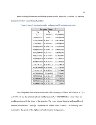 26
The following table shows the iteration process results, where the value of CD is updated
in each row before recalculating Vt and Re.
Table 6. Stage 2 terminal velocity and drag coefficient determination
According to the final row of the iteration table, the drag coefficient will be taken as CD =
3.058886739 and the terminal velocity will be taken as Vt = 0.81461405 ft/s. These values are
used to continue with the sizing of the separator. The vessel internal diameter and vessel length
can now be calculated. Our stage 2 separator will include a mist extractor. The following table
summarizes the results of the 2-phase vertical separator sizing process.
Cd Vt Re
0.34 2.44339757 38.3034932
1.451307121 1.18264373 18.5395069
2.331275095 0.93311858 14.6278696
2.765091311 0.85679882 13.4314563
2.945427488 0.83015546 13.0137864
3.015807545 0.82041159 12.8610382
3.042634598 0.81678677 12.8042145
3.052770321 0.81542971 12.7829407
3.056587074 0.81492044 12.7749572
3.058022534 0.81472915 12.7719586
3.05856215 0.81465728 12.7708318
3.058764966 0.81463027 12.7704084
3.05884119 0.81462012 12.7702493
3.058869836 0.8146163 12.7701895
3.058880601 0.81461487 12.7701671
3.058884647 0.81461433 12.7701586
3.058886168 0.81461413 12.7701554
3.058886739 0.81461405 12.7701542
Iteration Table - LP
 
