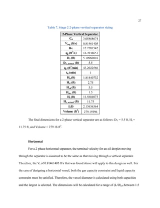 27
Table 7. Stage 2 2-phase vertical separator sizing
The final dimensions for a 2-phase vertical separator are as follows: DV = 5.5 ft, Ht =
11.75 ft, and Volume = 279.16 ft3
.
Horizontal
For a 2-phase horizontal separator, the terminal velocity for an oil droplet moving
through the separator is assumed to be the same as that moving through a vertical separator.
Therefore, the Vt of 0.81461405 ft/s that was found above will apply to this design as well. For
the case of designing a horizontal vessel, both the gas capacity constraint and liquid capacity
constraint must be satisfied. Therefore, the vessel diameter is calculated using both capacities
and the largest is selected. The dimensions will be calculated for a range of (L/D)eff between 1.5
Cd 3.05888674
Vtog (ft/s) 0.81461405
Re 12.7701542
qg (ft
3
/s) 16.7038651
Dv (ft) 5.10960816
Dv, actual (ft) 5.5
qo (ft
3
/min) 43.2022566
tR (min) 1
Hlc(ft) 1.81840732
Hil (ft) 2.75
Hvd (ft) 5.5
Hme (ft) 1.5
Ht (ft) 11.5684073
Ht, actual (ft) 11.75
L/D 2.13636364
Volume (ft3
) 279.15996
2-Phase Vertical Separator
 