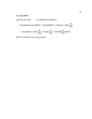 40
From Fig 20-65
@600
F & 834.7 psia 1.95 lbMeOH/wt%/MMSCF
1.95 lbMeOH/wt%/MMSCF ∗ 44.834MMSCF ∗ 4.58wt% = 400.4
lb
𝐷𝑎𝑦
Total MeOH = 400.4
lb
𝐷𝑎𝑦
+ 94.686
𝑙𝑏
𝐷𝑎𝑦
= 495.098
𝑙𝑏
𝐷𝑎𝑦
𝑀𝑒𝑂𝐻
80.87% of MeOH is lost to the gas phase
 