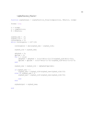 53
<alphaFunction_Final.m>
function alphaOutput = alphaFunction_Final(composition, KFactor, ncomp)
format long
n = ncomp;
c = composition;
K = KFactor;
alphaG_new = .5;
alphaG_old = .1;
convergence = 1;
while convergence > (10^-10)
convergence = abs(alphaG_new - alphaG_old);
alphaG_old = alphaG_new;
gAlphaG = 0;
gprime = 0;
for i = (1:n)
gAlphaG = gAlphaG + (c(i)*(K(i)-1))/(1+alphaG_old*(K(i)-1));
gprime = gprime - (c(i)*(K(i)-1)^2)/(alphaG_old*(K(i)-1)+1)^2;
end
alphaG_new = alphaG_old - (gAlphaG/gprime);
if alphaG_new > 1
alphaG_new = alphaG_old+(alphaG_new-alphaG_old)/10;
else if alphaG_new < 0
alphaG_new = alphaG_old+(alphaG_new-alphaG_old)/10;
end
end
alphaOutput = alphaG_new;
end
 