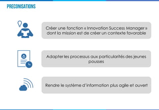 Preconisations
Créer une fonction « Innovation Success Manager »
dont la mission est de créer un contexte favorable
Adapter les processus aux particularités des jeunes
pousses
Rendre le système d’information plus agile et ouvert
 