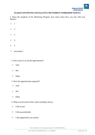 The information in this project report is CONFIDENTIAL,
ALL RIGHTS RESERVED BY J.L.SILMON Page 24 / 33
EC&OS CONTINUING EXCELLENCE MENTORING WORKSHOP SURVEY
1. Since the inception of the Mentoring Program, how many times have you met with your
Mentor?
1
2
3
4
5
more than 5
2. Was it easy to set up the appointments?
YES
NO
Other
3. Were the appointments respected?
YES
NO
Other
4. What was the result of the visit(s) (multiple choice)
I felt at ease
I felt uncomfortable
I felt supported by my mentor
 