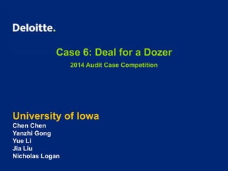 Case 6: Deal for a Dozer
2014 Audit Case Competition
University of Iowa
Chen Chen
Yanzhi Gong
Yue Li
Jia Liu
Nicholas Logan
 