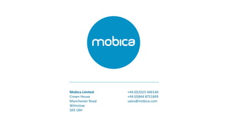 Mobica Limited
Crown House
Manchester Road
Wilmslow
SK9 1BH
+44 (0)1625 446140
+44 (0)844 8751849
sales@mobica.com
 