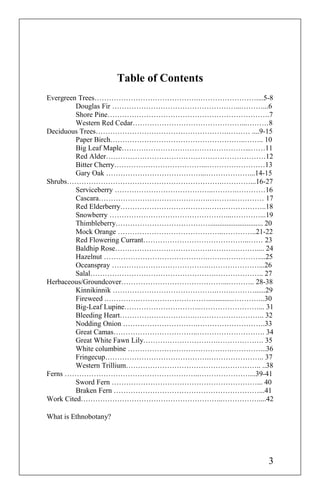 Table of Contents
Evergreen Trees…………………………………….……………………....5-8
Douglas Fir ……………………………………………...………...6
Shore Pine………………………………………………………….7
Western Red Cedar………………………………………...………8
Deciduous Trees……………………………………………….……… ....9-15
Paper Birch………………………………………………..…….. 10
Big Leaf Maple……………………………………………...……11
Red Alder…………………………………………………………12
Bitter Cherry………………………………...……………………13
Gary Oak …………………………………...………………...14-15
Shrubs……………………………………………………….…………...16-27
Serviceberry …………………………………..……….…………16
Cascara……………………………………….………..………… 17
Red Elderberry……………………………….…….……………..18
Snowberry …………………………………………...…………...19
Thimbleberry…………………………………............................. 20
Mock Orange ……………………………………..…………..21-22
Red Flowering Currant……………………………………..…… 23
Baldhip Rose………………………………….……….……….... 24
Hazelnut …………………………………….…….……………...25
Oceanspray ………………………………….…………………...26
Salal…………………………………………….……………….. 27
Herbaceous/Groundcover……………………………………...……….. 28-38
Kinnikinnik …………………………………….…….………......29
Fireweed .…………………………………….............…………..30
Big-Leaf Lupine…………………………..……………………... 31
Bleeding Heart………………………….……………………….. 32
Nodding Onion ………………………….……………………….33
Great Camas……………………………..………………………. 34
Great White Fawn Lily………………………….………………. 35
White columbine …………………………………….…………...36
Fringecup…………………………………….………………….. 37
Western Trillium……………………………………………….. ..38
Ferns ………………………………………………..…………………...39-41
Sword Fern ……………………………………………………... 40
Braken Fern ……………………………………………………...41
Work Cited…………………………………………………..……………....42
What is Ethnobotany?
3
 