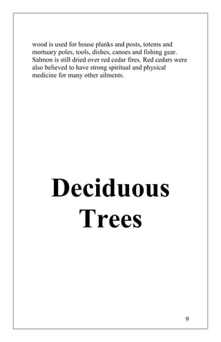 wood is used for house planks and posts, totems and
mortuary poles, tools, dishes, canoes and fishing gear.
Salmon is still dried over red cedar fires. Red cedars were
also believed to have strong spiritual and physical
medicine for many other ailments.
Deciduous
Trees
9
 