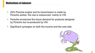 Motivations of takeover
• 20% Porsche engine and its transmission is made by
Porsche worker, the rest is outsourced, mainly to VW.
• Porsche envisioned the future demand for products designed
by Porsche but co-produced by VW.
• Significant synergies on both the income and the cost side.
 