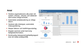 Copyright© Pythagoras AB 2016 Bild 17
Hantera organisationens alla avtal i ett
system, inhyres-, uthyres- och städavtal
samt andra viktiga kontrakt.
Automatisk avtalsbevakning av viktiga
datum.
Hanterar alla indextyper, automatisk
indexuppräkning.
Skapar faktura- och bokföringsunderlag.
Kopplar samman avtal med övrig
fastighetsinformation.
Kontinuerlig riskexponering/liabilityrapport
över din totala avtalsportfölj.
Avtal
2016-12-14
 