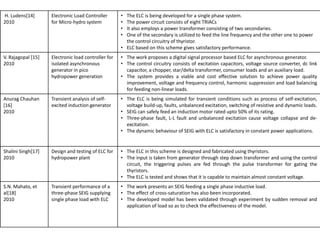 H. Ludens[14]
2010
Electronic Load Controller
for Micro-hydro system
• The ELC is being developed for a single phase system.
• The power circuit consists of eight TRIACs
• It also employs a power transformer consisting of two secondaries.
• One of the secondary is utilized to feed the line frequency and the other one to power
the control circuitry of thyristor.
• ELC based on this scheme gives satisfactory performance.
V. Rajagopal [15]
2010
Electronic load controller for
isolated asynchronous
generator in pico
hydropower generation
• The work proposes a digital signal processor based ELC for asynchronous generator.
• The control circuitry consists of excitation capacitors, voltage source converter, dc link
capacitor, a chopper, star/delta transformer, consumer loads and an auxiliary load.
• The system provides a viable and cost effective solution to achieve power quality
improvement, voltage and frequency control, harmonic suppression and load balancing
for feeding non-linear loads.
Anurag Chauhan
[16]
2010
Transient analysis of self-
excited induction generator
• The ELC is being simulated for transient conditions such as process of self-excitation,
voltage build-up, faults, unbalanced excitation, switching of resistive and dynamic loads.
• SEIG can safely feed an induction motor rated upto 50% of its rating.
• Three-phase fault, L-L fault and unbalanced excitation cause voltage collapse and de-
excitation.
• The dynamic behaviour of SEIG with ELC is satisfactory in constant power applications.
Shalini Singh[17]
2010
Design and testing of ELC for
hydropower plant
• The ELC in this scheme is designed and fabricated using thyristors.
• The input is taken from generator through step down transformer and using the control
circuit, the triggering pulses are fed through the pulse transformer for gating the
thyristors.
• The ELC is tested and shows that it is capable to maintain almost constant voltage.
S.N. Mahato, et
al[18]
2010
Transient performance of a
three-phase SEIG supplying
single phase load with ELC
• The work presents an SEIG feeding a single phase inductive load.
• The effect of cross-saturation has also been incorporated.
• The developed model has been validated through experiment by sudden removal and
application of load so as to check the effectiveness of the model.
 