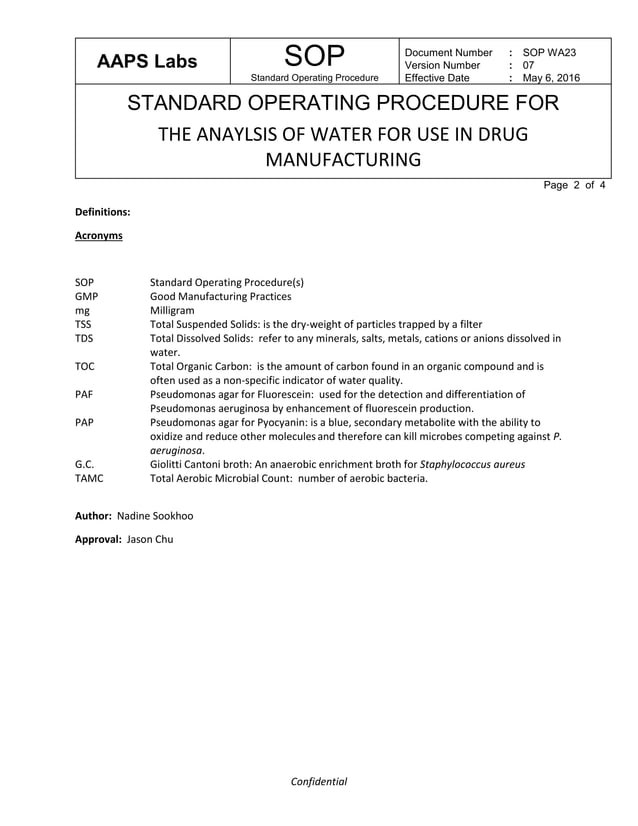 SOP Water Analysis | PDF