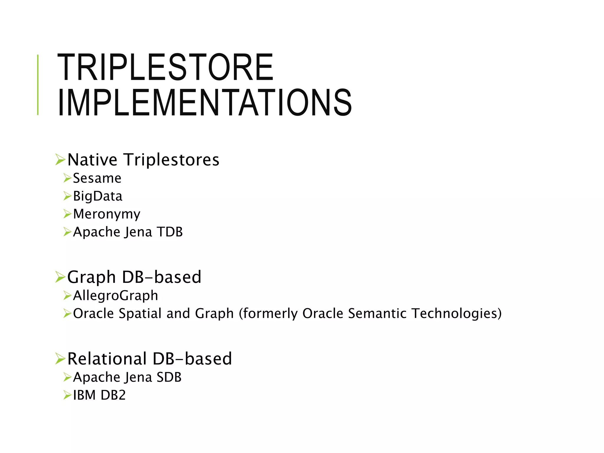 TRIPLESTORE
IMPLEMENTATIONS
Native Triplestores
Sesame
BigData
Meronymy
Apache Jena TDB
Graph DB-based
AllegroGraph
Oracle Spatial and Graph (formerly Oracle Semantic Technologies)
Relational DB-based
Apache Jena SDB
IBM DB2
 
