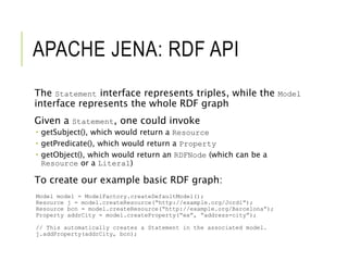APACHE JENA: RDF API
The Statement interface represents triples, while the Model
interface represents the whole RDF graph
Given a Statement, one could invoke
 getSubject(), which would return a Resource
 getPredicate(), which would return a Property
 getObject(), which would return an RDFNode (which can be a
Resource or a Literal)
To create our example basic RDF graph:
Model model = ModelFactory.createDefaultModel();
Resource j = model.createResource(“http://example.org/Jordi”);
Resource bcn = model.createResource(“http://example.org/Barcelona”);
Property addrCity = model.createProperty(“ex”, “address-city”);
// This automatically creates a Statement in the associated model.
j.addProperty(addrCity, bcn);
 