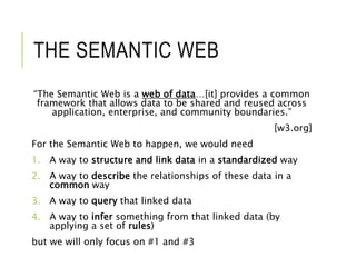 THE SEMANTIC WEB
“The Semantic Web is a web of data…[it] provides a common
framework that allows data to be shared and reused across
application, enterprise, and community boundaries.”
[w3.org]
For the Semantic Web to happen, we would need
1. A way to structure and link data in a standardized way
2. A way to describe the relationships of these data in a
common way
3. A way to query that linked data
4. A way to infer something from that linked data (by
applying a set of rules)
but we will only focus on #1 and #3
 