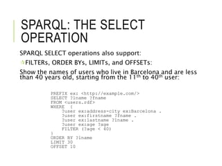 SPARQL: THE SELECT
OPERATION
SPARQL SELECT operations also support:
FILTERs, ORDER BYs, LIMITs, and OFFSETs:
Show the nam...
