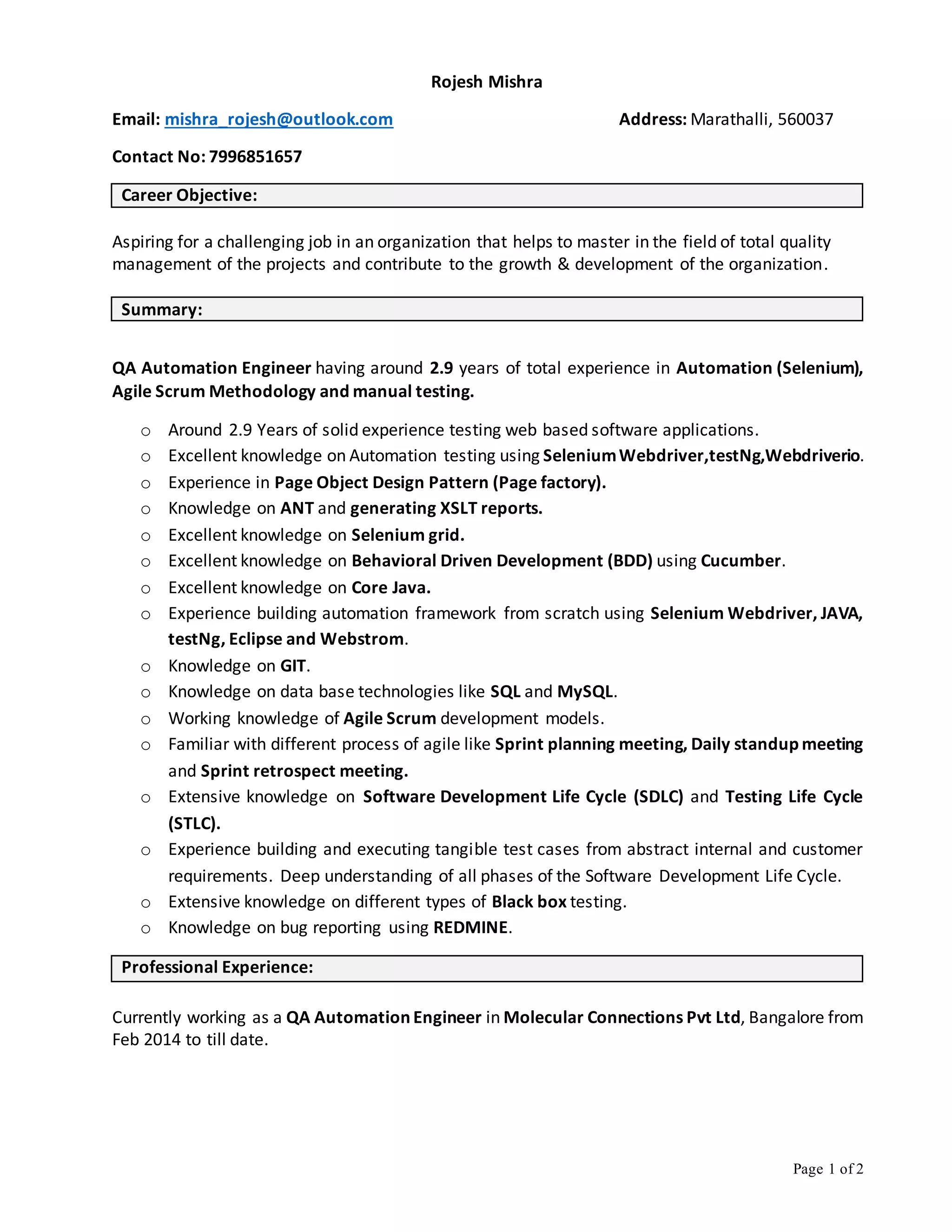 2.9 years experience in selenium | DOCX